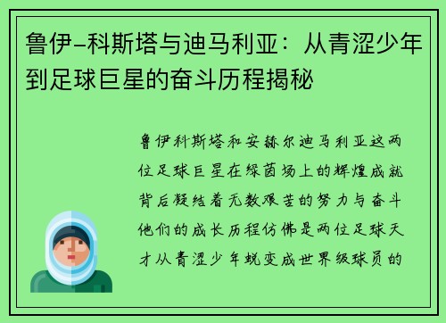 鲁伊-科斯塔与迪马利亚:从青涩少年到足球巨星的奋斗历程揭秘 鲁伊-科斯塔与迪马利亚:从青涩少年到足球巨星的奋斗历程揭秘
