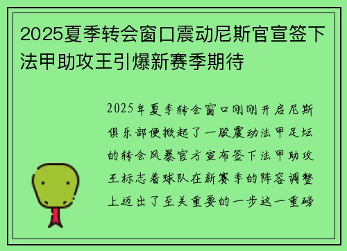 2025夏季转会窗口震动尼斯官宣签下法甲助攻王引爆新赛季期待