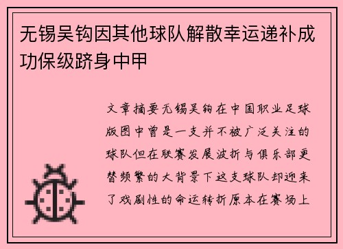 无锡吴钩因其他球队解散幸运递补成功保级跻身中甲